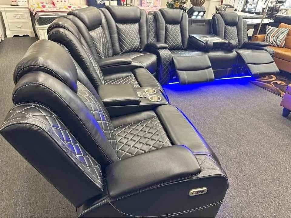 Black leather Sectional Power Recliner sofa with LED and Wireless charger