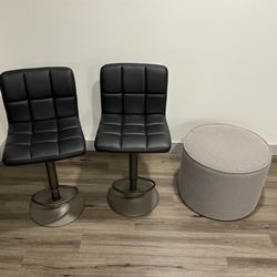 Two Leather Barstools and Small Ottoman