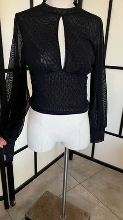 Black Mesh Dot Crop Top with Keyhole