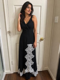Black Maxi Dress with White Floral Lace Applique – V-Neck Wrap Evening Dress