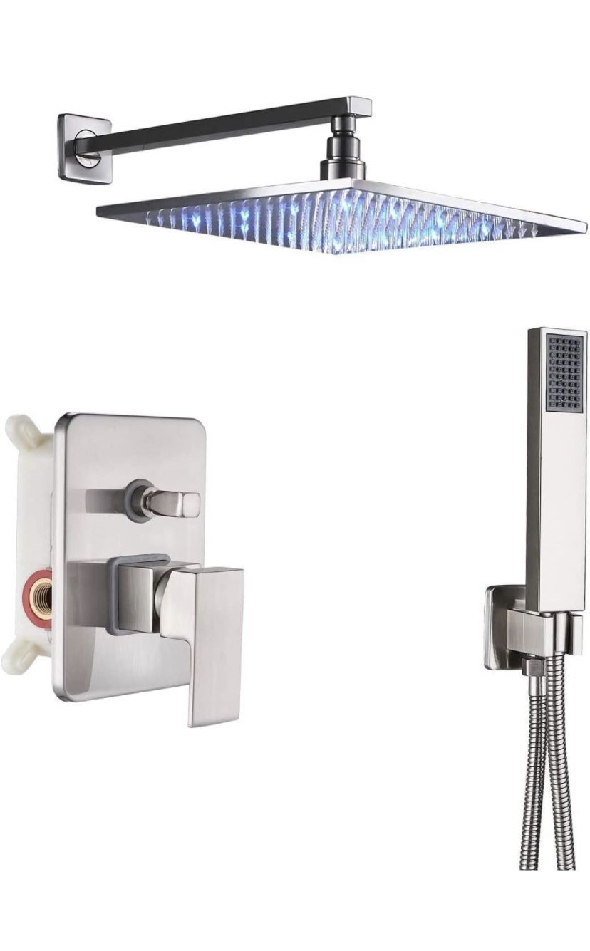 Wall Mounted Rainfall Shower Fixtures Shower Faucet Set Bathroom 12 inch LED Square Rain Shower Head with Handheld Spray Brushed Nickel
