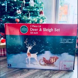 Gorgeous LED 58 Inch Tall Reindeer With Sleigh In UNOPENED BOX📦 For Christmas🦌🛷 - NEW IN BOX