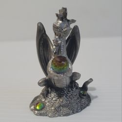 Vintage Pewter Dragon sitting on Treasure w/crystal ball 2.25" Tall 