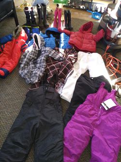 Snow pants n boots boots 5.00 jackets 10.00 pants 10.00 2 pairs of overall new with tags 15.00 come by n see thank u