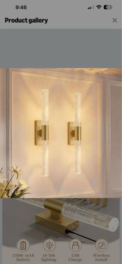 Battery Operated Wall Sconces Set of 2, Rechargeable Wall Lights 12000mAh Long-Lasting Battery,Dimmable Cordless Sconce,,No Wiring Needed for Bedroom,