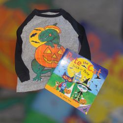 Carter's Glow In The Dark Halloween Dinosaur Raglan Jersey Tee, Sz 3T And Book