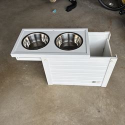 Two Elevated dog bowl feeders & food storage