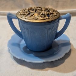 Vintage Delphite Jeanette Cup And Saucer With Metal Top Periwinkle Blue.
