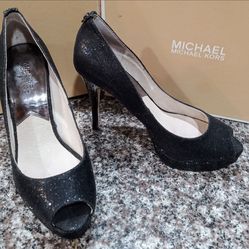 Michael Kors York Platform Heels - Black Glitter Peep Toe Pumps - Size 9M