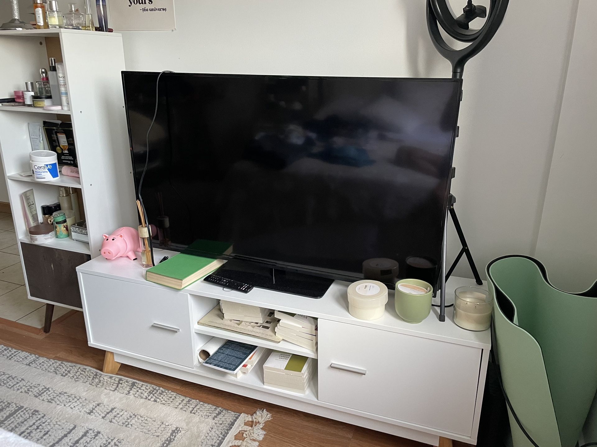 Tv stand, book shelf and tv
