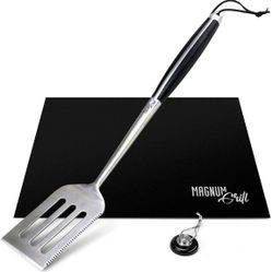Magnum Grill Grilling Accessories 3 Piece BBQ Tools Set with 18" Grill Spatula Metal, BBQ Grill Mat and Extra Strong Magnetic Hook for Hanging 