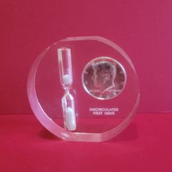 RARE - Lucite Kennedy 1/2 Dollar Paperweight & Timer Uncirculated 1st Issue 3"