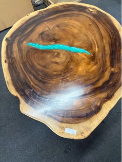 irregular Monkey Pod table with turquoise epoxy, live edge, 995