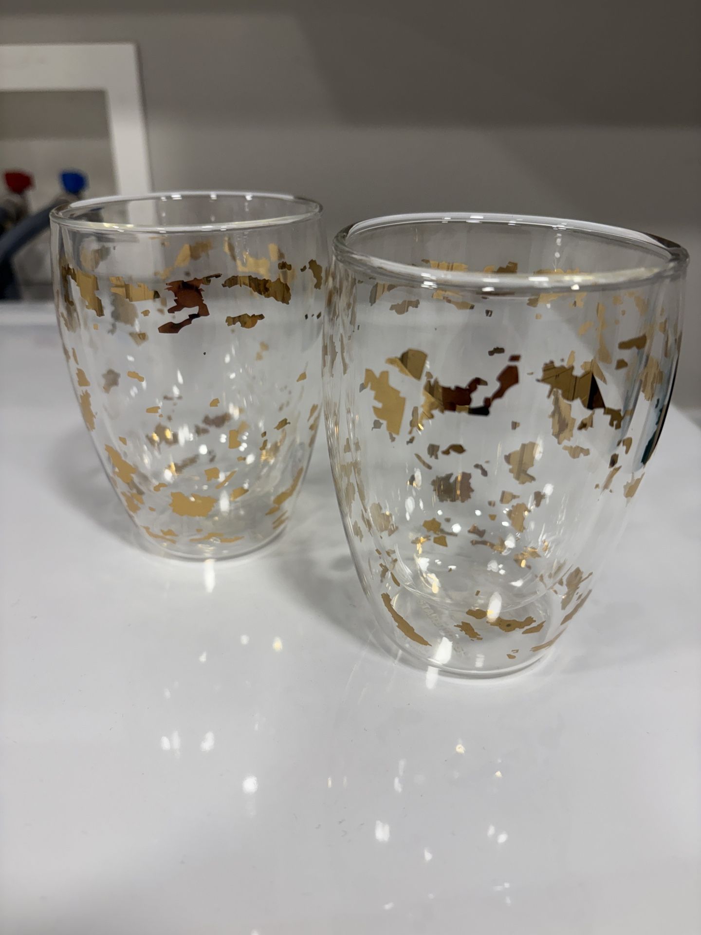 STARBUCKS - BODUM - GOLD FLECK GLASS MOUTH BLOWN DOUBLE WALL TUMBLER 12 OZ