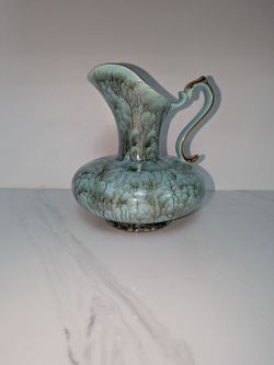 Vintage Jumbo Gouda Holland Turquoise & Gold Pitcher Vase #518 Mid-Century MCM
