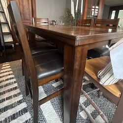 Bar Height Dining Table w/ 5 Matching Chairs – Expandable – Dark Walnut