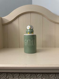 Rae Dunn GATHER Ceramic Canister with Owl Lid