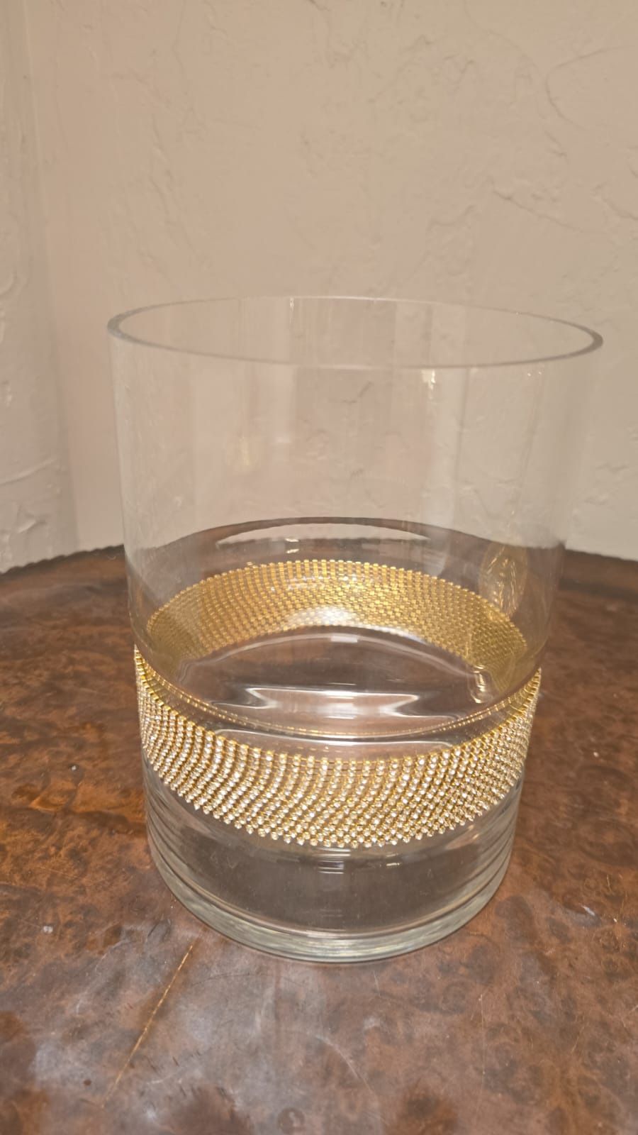 Clear Glass Tumbler Vase with Gold Bead Band