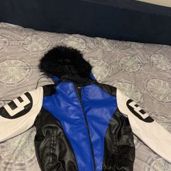 Mens 8 Ball Blue Hooded Leather Jacket