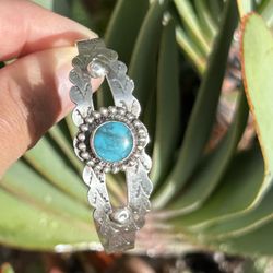 Vintage Signed Native Cuff Bracelet Turquoise in Sterling Silver Mexico Jewelry Petite Small 