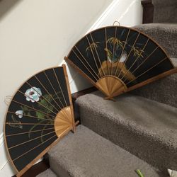 Two Vintage Asian Cane Detail Fan Decor