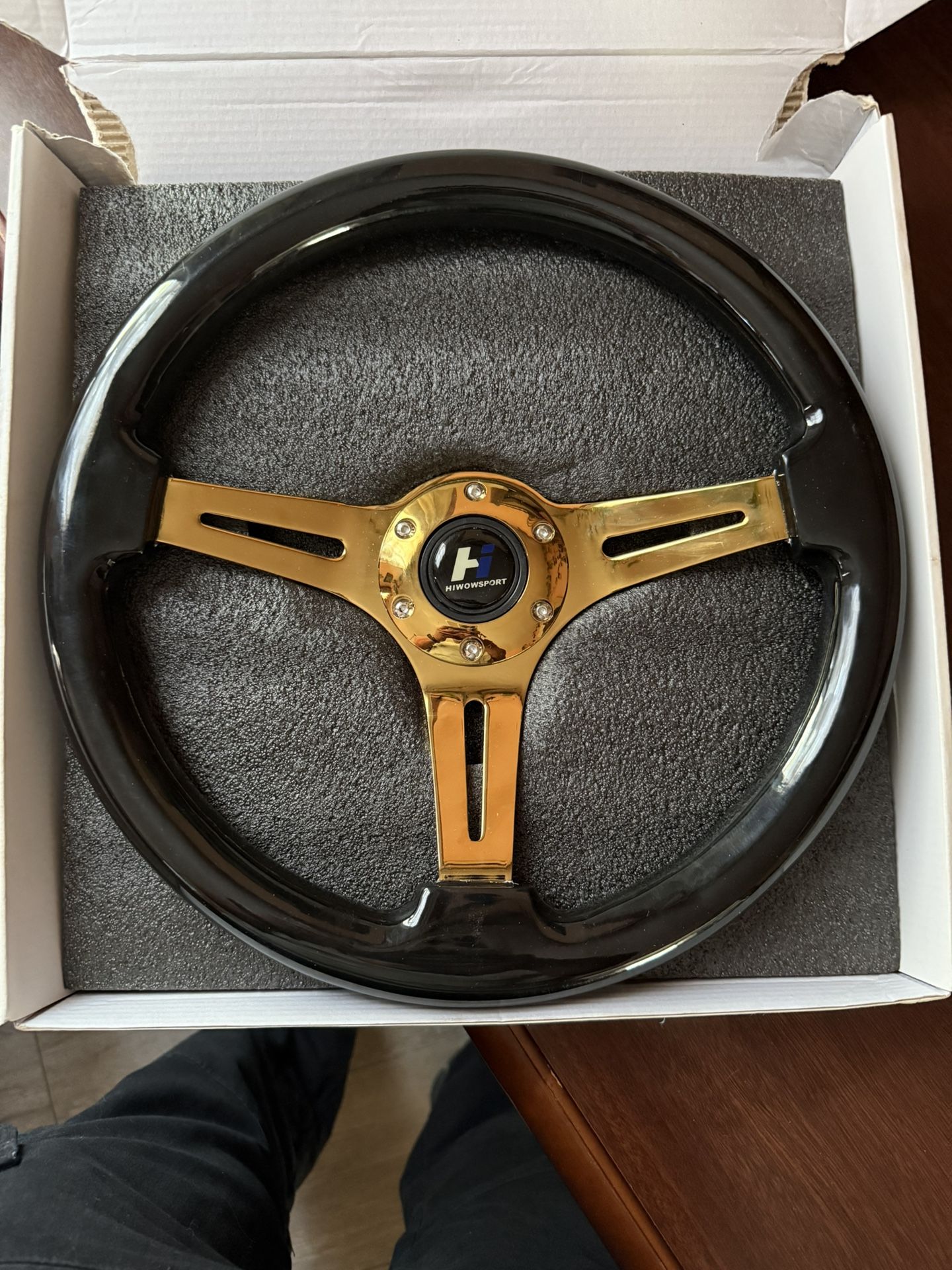 Hiwowsport 14" Black Wood Gold Steering Wheel – New in Bo