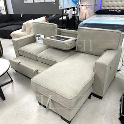 Light Beige Sofa Sectional Sleeper With Cup Holders 🔥☀️financing Available 