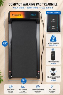 Portable Walking Pad Treadmill with Remote & Incline Adjustment – $80