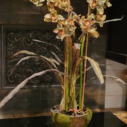 Silk Cymbidium Orchid in Faux Moss Covered Clay Pot