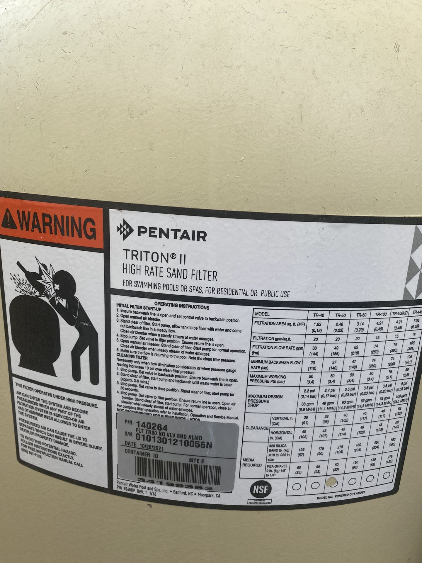 PENTAIR Triton II High Rate Sand Filter for Sale in Norco, CA OfferUp