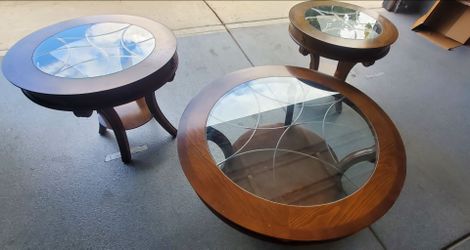 Wood Coffee Table & End Tables Set (3-Piece Set) with Glass Tops - $200 (Sloans Lake (Denver))