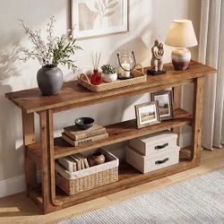 55" Solid Wood Console Table with 3-Tier Storage, Farmhouse Narrow Entryway Sofa Table