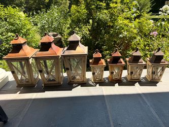 Set of 7 Rustic Farmhouse Metal & Glass Lanterns – 3 Large & 4 Small