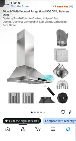 30” Wall-Mounted Range Hood 900 CFM, Stainless Steel Gesture/Touch/Remote Control, 4-Speed Fan,