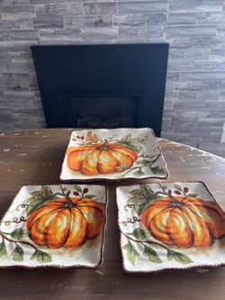 Fall Pumpkin Square Ceramic Plates Set of 3