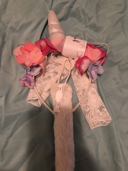Unicorn Head band lace hand cuffs and tail costume