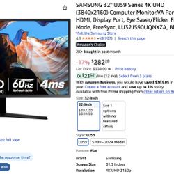 SAMSUNG 32" UJ59 Series 4K UHD (3840x2160) Computer Monitor,VA Panel, HDMI, Display Port, Eye Saver/Flicker Free Mode, FreeSync, LU32J590UQNXZA, Black