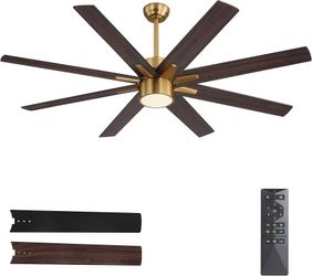 64" Ceiling Fan w/ Light, 8-Blade DC Motor Remote Fan Gold Walnut/Black