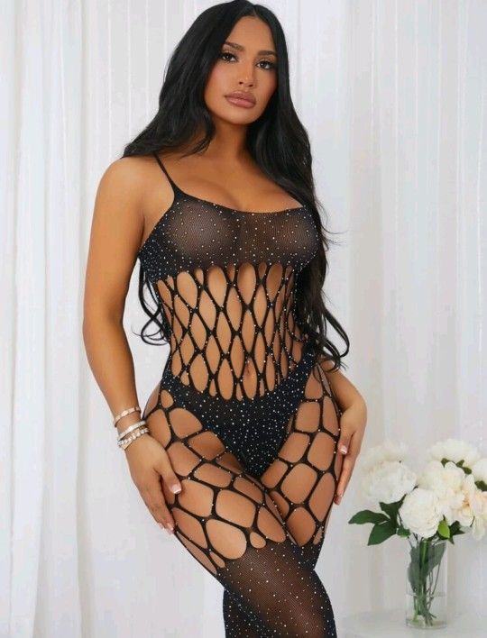 Rhinestone Studded Cross Bodystocking. One size