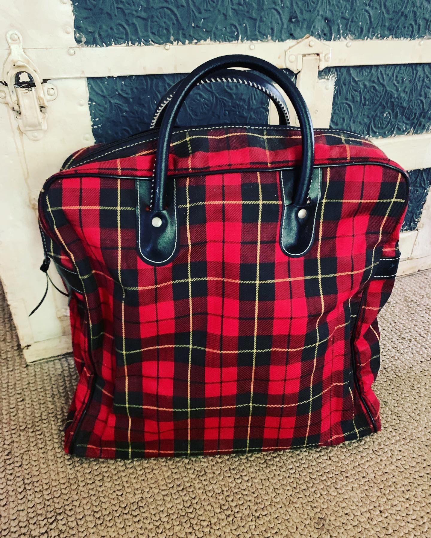 Vintage 1970s Red Plaid Tote Bag