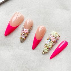Handmade Pink & Deep Pink Two-Tone Press-on Nails with Iridescent Rhinestone Flower Decorations