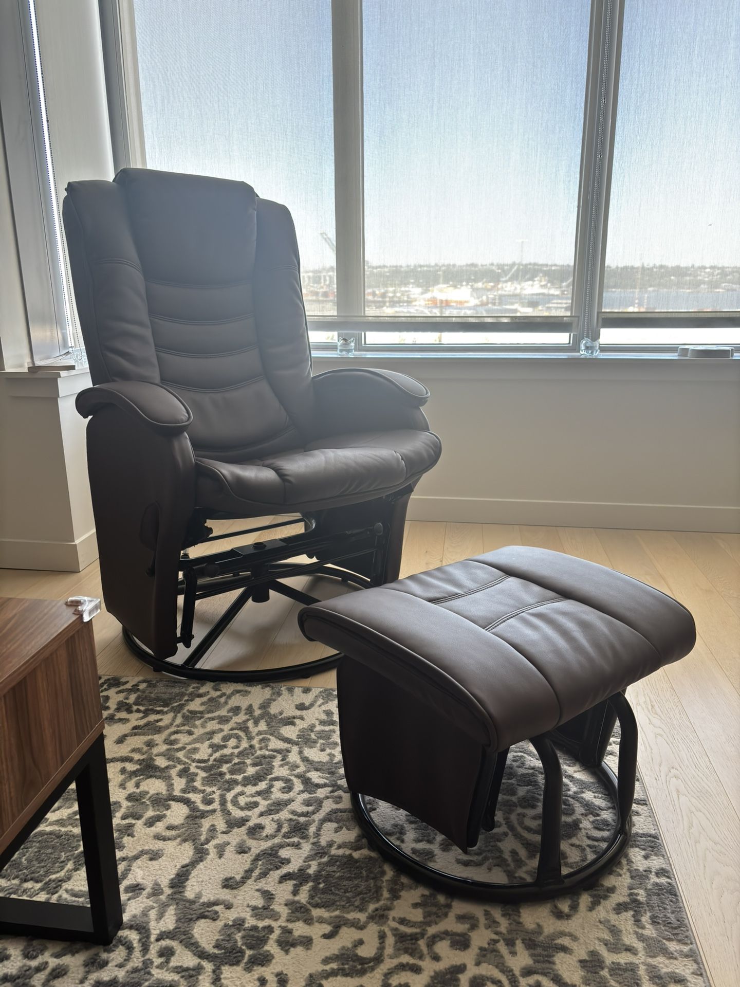 Recliner Chair with Ottoman Footrest, 360° Swivel Reclining Chair, Faux Leather Living Room Chair