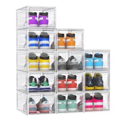 12 Pack Hard Sturdy Thickened Rigid XX Large Shoe Storage Organizer for Closet, Clear Stackable Sneaker Shoe Boxes 