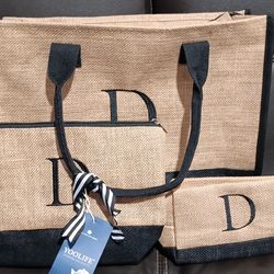 JUTE NATURAL FABRIC TOTE BAG SET WITH 2  SMALLER PURSES NEW