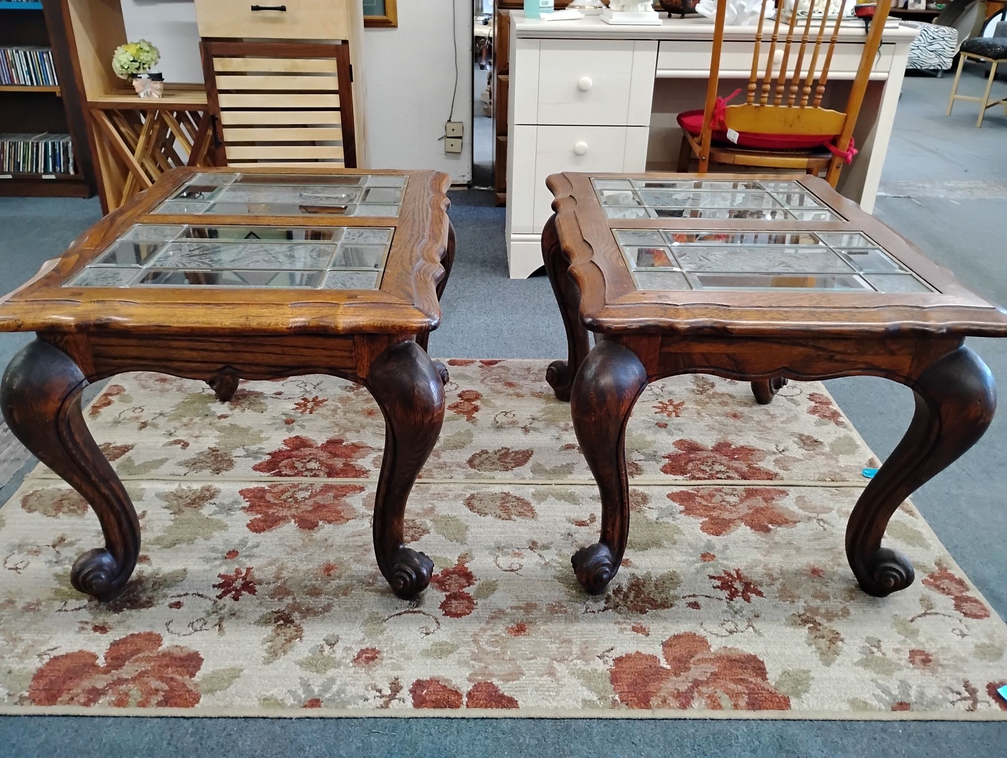 Matching wood end tables with bevelled/etched glass tops - $65