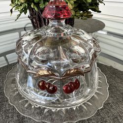 Vintage Cherries and Gold band Glass Butter/Cheese Round Covered Dish.