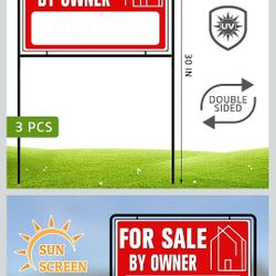 For Sale By Owner Yard Sign with Stakes, 30 inches High, Double-Sided Printing, For Sale By Owner Signs for Real Estate, Yard Sign for Home House Real