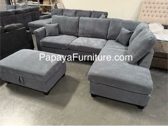106” New Plush Gray Sectional, Sectional And Storage Ottoman, Sectionals, Sofa, Couch, Gray Couch, Grey Couch, Corduroy Sectional, USB Charger Sofa Di