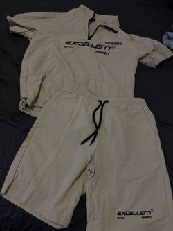 Manfinity Beige Short Sleeve Shirt & Shorts Set Drawstring Closure Size S