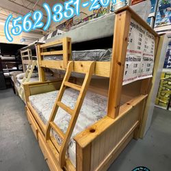Twin full Natural Bunk Bed With Mattresses Trundle New 